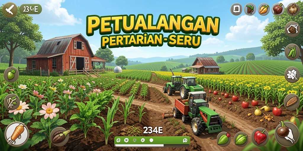 Screenshot gameplay 234E menunjukkan petualangan berkebun yang seru.