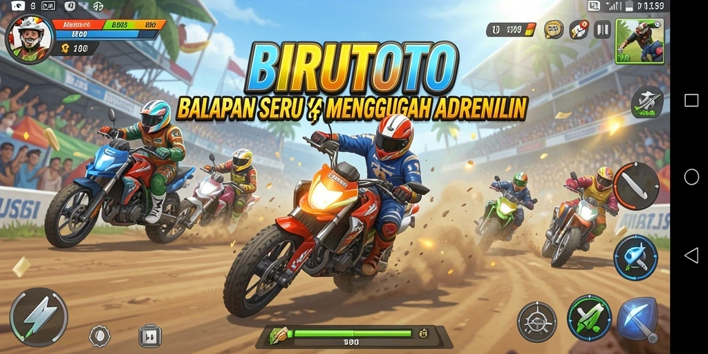 Screenshot gameplay BIRUTOTO menampilkan balapan cepat dan seru di lintasan.