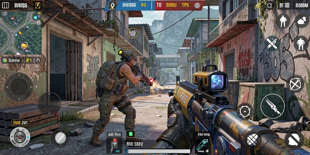 Screenshot menampilkan aksi seru gameplay BW888 di medan perang TPS.