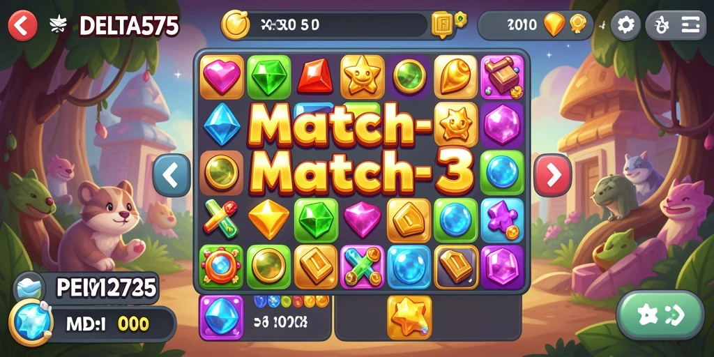 Menampilkan gameplay seru permainan Match-3 yang penuh warna.