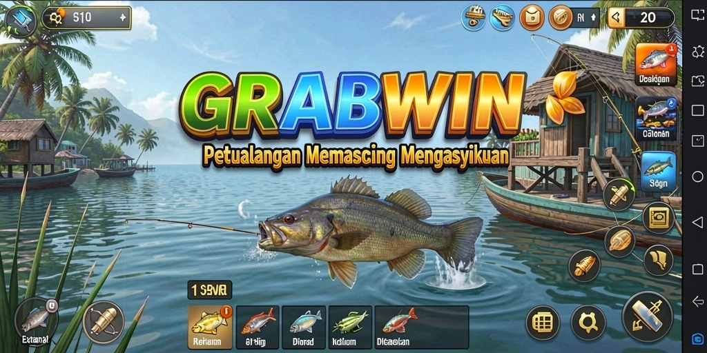 Screenshot gameplay GRABWIN menunjukkan aksi memancing yang seru dan memukau.