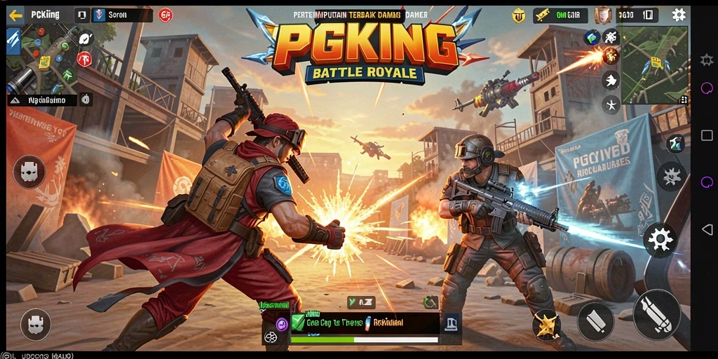 Screenshot gameplay PGKING menampilkan aksi pertempuran mendebarkan di arena Battle Royale.