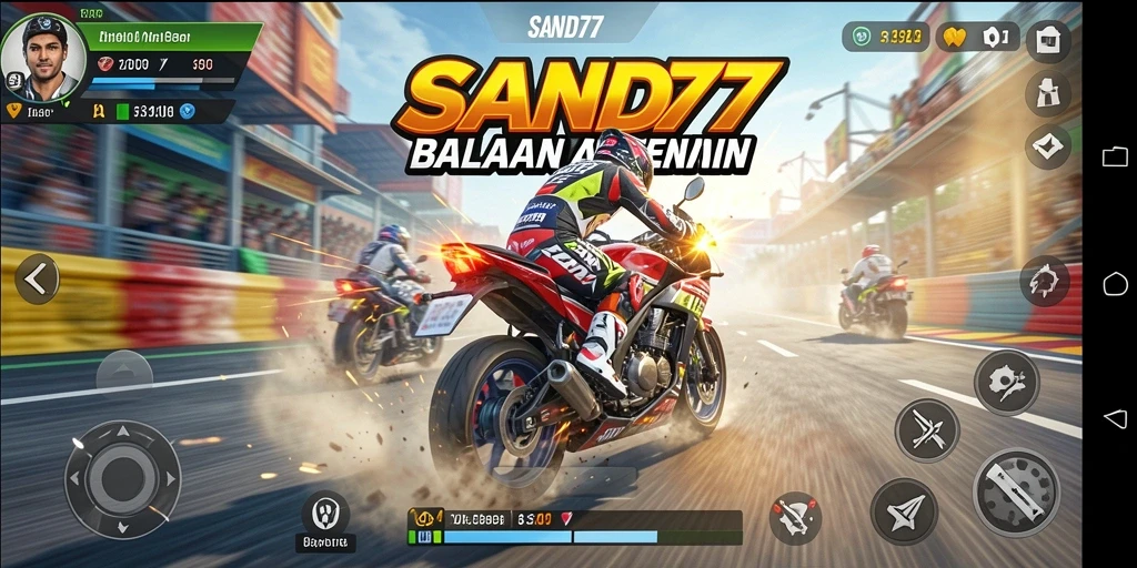 Tampilan gameplay <strong>SAND77</strong> yang mendebarkan saat balapan motor.