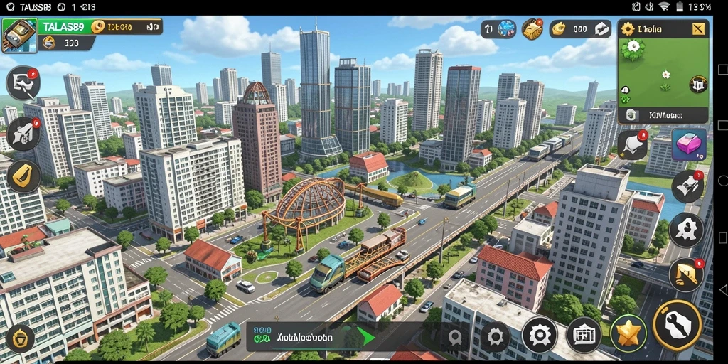 Tampilan gameplay <strong>TALAS89</strong> dengan aksi pembangunan kota yang dinamis.