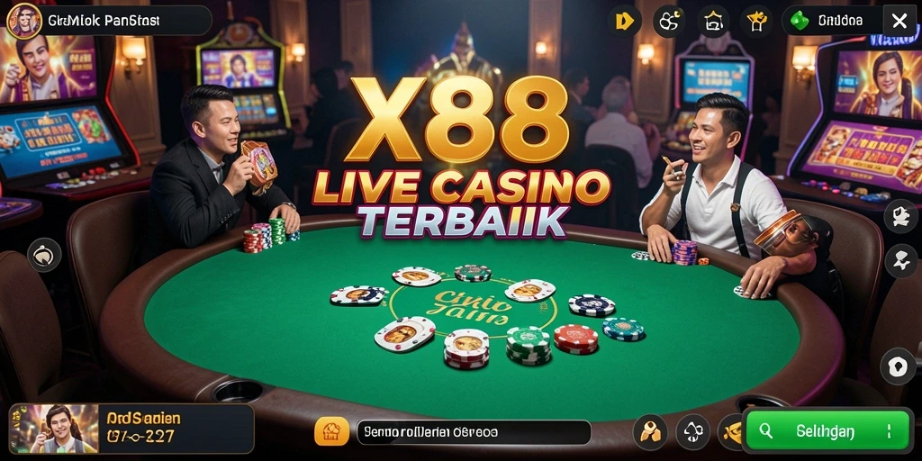 Tampilan gameplay seru di X88 dengan dealer langsung dan interaksi pengguna.